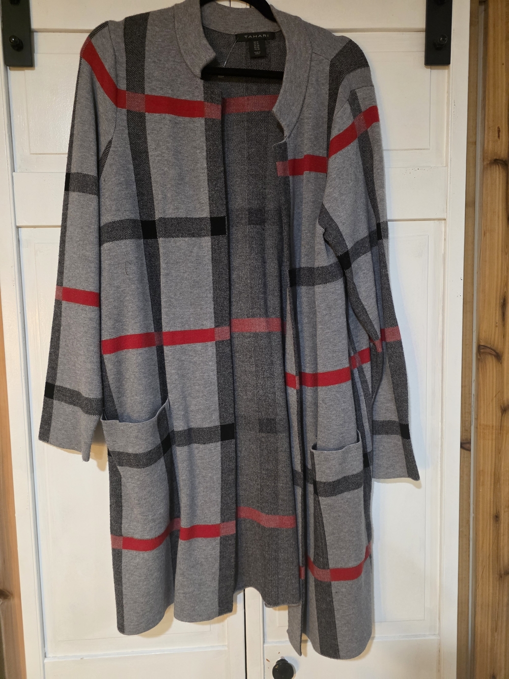 Tahari Gray Plaid Open-Front Cardigan with Red Stripes